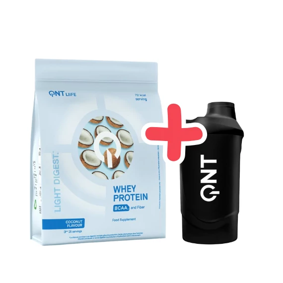QNT Light Digest Whey Protein 500g Coconut + QNT Shaker IT'S ON 600ml Black Smoke