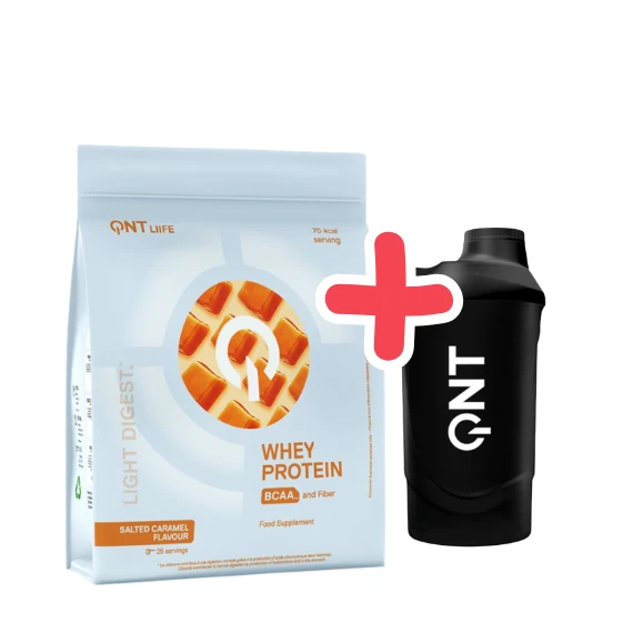QNT Light Digest Whey Protein 500g Salted Caramel + QNT Shaker IT'S ON 600ml Black Smoke